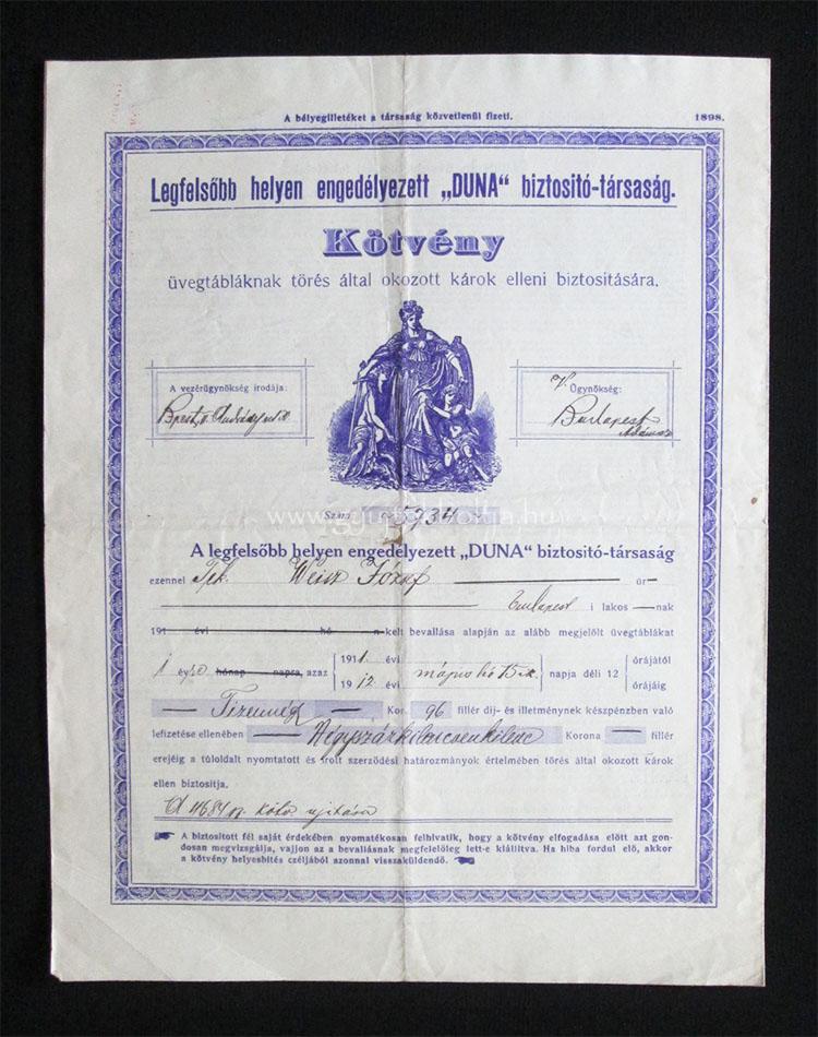 Duna Biztosító Társaság kötvény üvegtábla töréskárra 1911